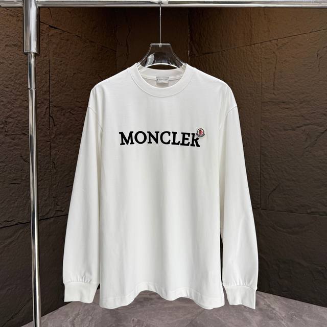 Moncl* 蒙口* 2025秋冬新款厚长袖T恤 320克纯棉字母Logo 植绒+章仔刺绣 颜色：黑色 白色 码数：S M L Xl