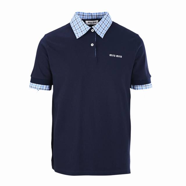 Miu Miu缪缪Mm 蓝格领徽标短袖Polo衫 正品9050购入开发，采用 克双精疏棉股珠地布，定制条纹梭织布，定制扁机罗纹，面料酵洗，进口刺绣，定制辅料，合