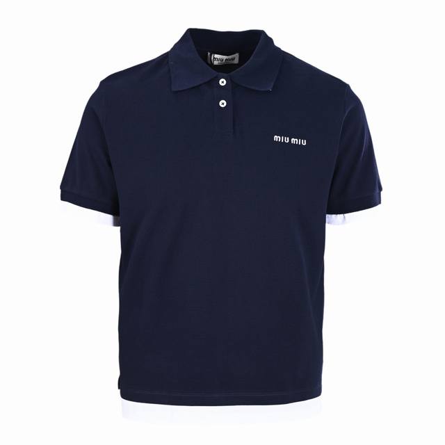 Miu Miu缪缪Mm 徽标刺绣拼白边短袖Polo衫 正品9000购入开发，采用 克双精疏棉股珠地布，50支液氨双股平纹面料，定制提花扁机罗纹，面料酵洗，进口刺