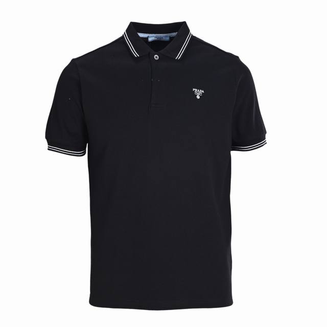 Prada普拉达Prd 黑边倒三角刺绣短袖Polo衫 正品3539购入开发，采用40支双股精疏棉珠地面料，定制提花扁机丝光棉罗纹，面料酵洗，进口机刺绣，定制辅料