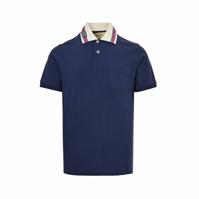 Gucci 古驰 24Ss 领口条纹双G刺绣Polo短袖 领口Gg绣章 Polo衫短袖采用60支双股250克重棉氨混纺双面珠地面料，定染75D进口绣花线，采用T