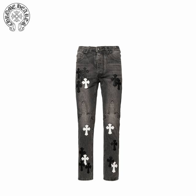 Chtome Heart 克罗心 25Ss 城市限定火焰黑白贴皮牛仔裤 均需要成品水洗后再拆开手工订绵羊皮十字皮再拼接完成 整件工艺多到说不清 柜价10W+级别