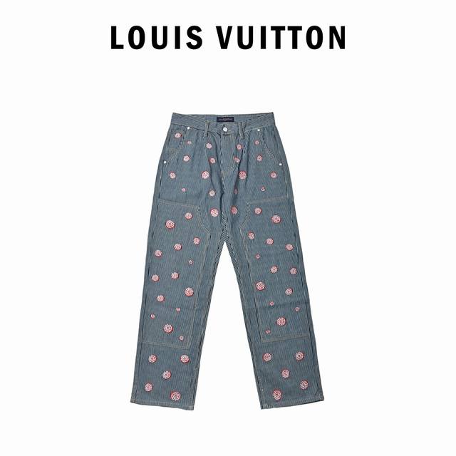 Louis Vuitton Lv 联名款樱花刺绣竖条纹套装牛仔长裤 王嘉尔同款，原版24500，高订面料采用，430G定制全棉条纹面料，裁片对位刺绣，纽扣都是一
