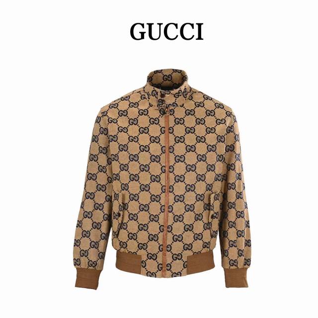 Gucci古驰Guc新款满花拼皮双G满印帆布立领夹克外套 原版定制提花面料，皮革拉链，面布为双G粗纺原版色Logo为订染藏青色纱，里布为人丝斜纹藏青色。超费时费