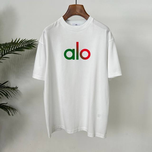 Alo 2025春秋新款 250克定制索罗纳面料 圆领短袖 立体印花工艺 男女同款 S M L Xl Xxl 五个码 黑色 白色