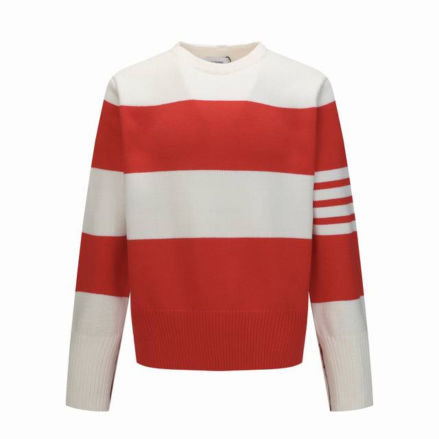 Thom Browne Ss25 新年限定 侧边开衩设计条纹圆领毛衣 男女同款 红色 Size：S M L