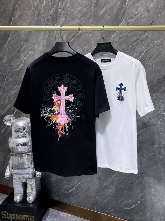 8997# 夏季上新 Chrome Hearts 25Ss 高克重环保优质顶级面料 280G 克罗十字架马蹄泼墨短袖 重工十字架羊皮拼皮手工泼墨工艺 专柜同步