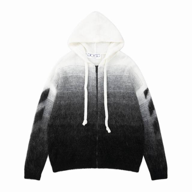 高版本Off-White 渐变箭头针织开衫毛衣外套，男女同款。独立染缸定染五个不同层次纱线，渐变晕染递进 颜色过渡非常自然。整件拉毛工艺处理 毛感自然。Over