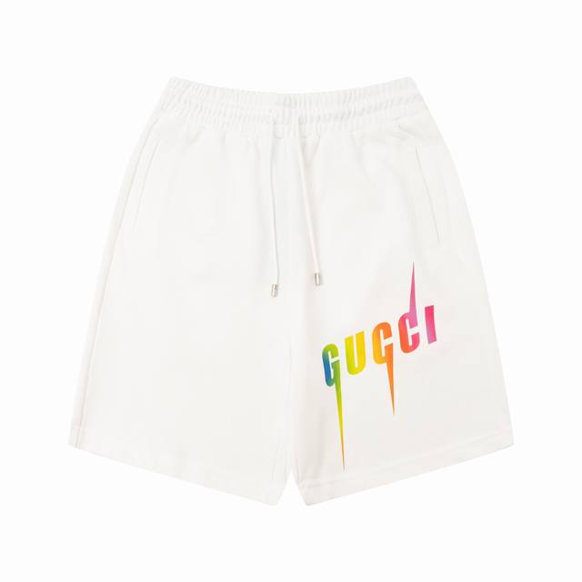 Gu 夏季新款 定制毛圈面料 数码喷印闪电字母Logo 男女同款 休闲短裤五分裤 颜色：黑 白 米 尺码：Xs-L