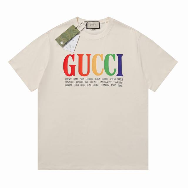 Gu 夏季新款 定制260G双纱纯棉面料 数码喷印七彩字母Logo 定制辅料 男女同款 短袖T恤 颜色：黑 米 尺码：Xs-L