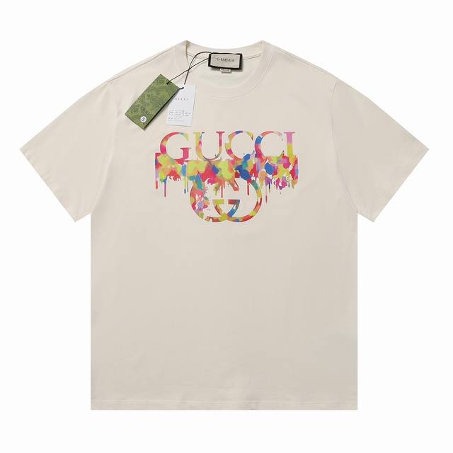 Gu 夏季新款 定制260G双纱纯棉面料 数码喷印炫彩字母Logo 男女同款 短袖T恤 颜色：黑 米 尺码：Xs-L