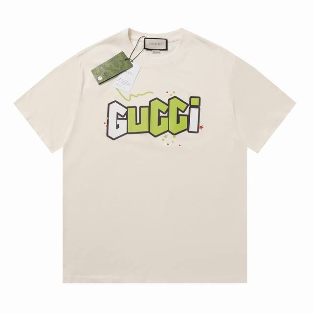 Gu 春夏新款 定制260G双纱纯棉面料 数码喷印拼色字母Logo 男女同款 短袖T恤 颜色：黑 米 尺码：Xs-L