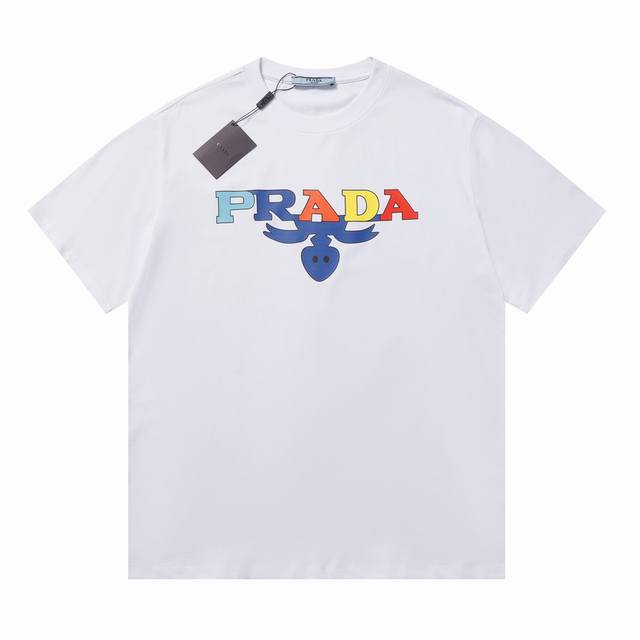 Pra 夏季新款 定制260G双股双纱纯棉面料 数码喷印七彩字母Logo 男女同款 短袖T恤 颜色：白 黑 尺码：Xs-L