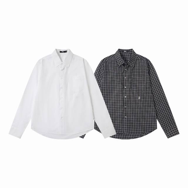5091# Stussy 斯图西经典卷曲字母格纹翻领长袖衬衫 25夏季新款男女同款 颜色：白色 黑色 码数：S M L Xl