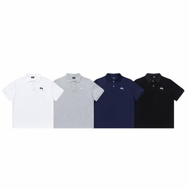 5045# Stussy 斯图西 美式潮牌直筒宽松版型Polo衫翻领短袖T恤 经典Logo刺绣 经典款式休闲正装学院风格 纯棉双纱面料 颜色：黑色 白色 灰色