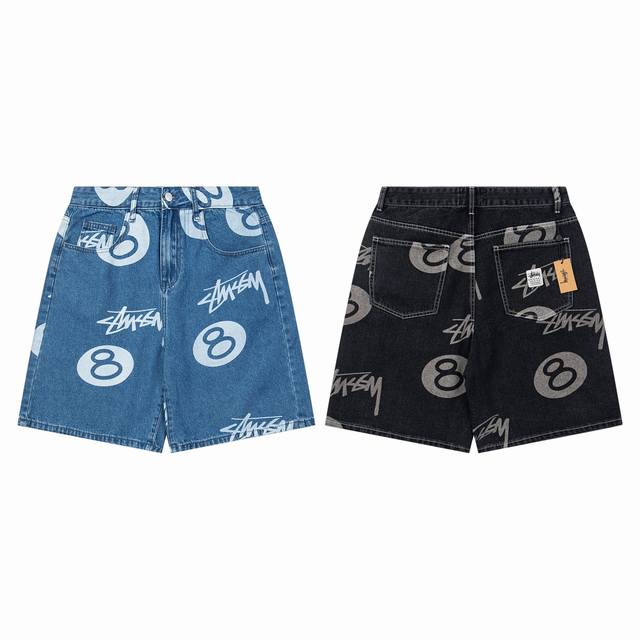 5036# Stussy 斯图西 美式潮牌宽松版型牛仔五分短裤 满印Logo 黑8印花 口袋徽标 经典款式高街滑板摇滚风格 颜色：黑色 兰色 码数：S M L