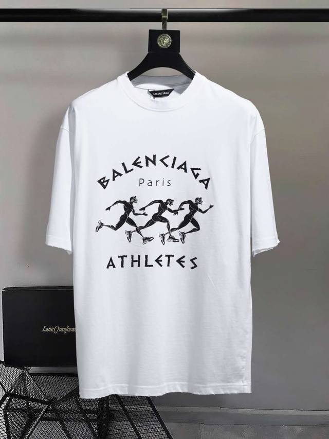 Balenc#Aga 巴黎马拉松跑步 T恤 顶级印花工艺、原版开发、 面料、罗纹定织定染无色差、做工精细、顶级复刻还原 原版品质 男女同款 宽松型 白色 尺码