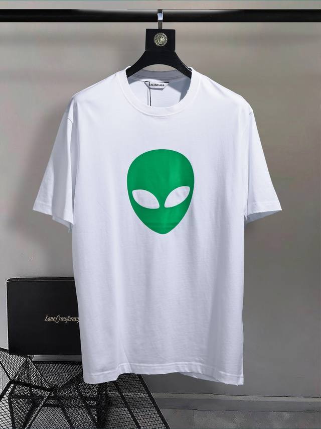 Balenc#Aga 巴黎外星人 T恤 顶级印花工艺、原版开发、荧光效果 面料、罗纹定织定染无色差、做工精细、顶级复刻还原 原版品质 男女同款 宽松型 白色 尺