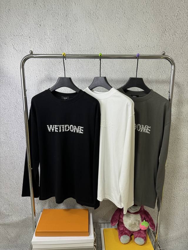 3010# We11Done 韩国潮牌Welldone宽松大码版型长袖T恤 珍珠徽标 重磅300G纯棉面料 颜色：黑色 白色 深灰 码数：S M L