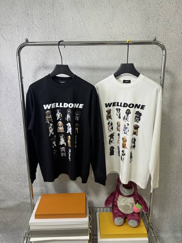 3003# We11Done 韩国潮牌Welldone宽松大码版型长袖T恤 小狗萌宠字母印花工艺 重磅300G纯棉面料 颜色：黑色 白色 码数：S M L