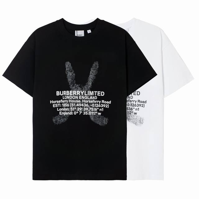 高端品质，独家定制，巴宝莉Burberry 蒙太奇印花字母Logo圆领短袖，采用定织定染高克重原版面料，洗水完高达280G纯棉面料，螺纹增加到2.7Cm不变形，