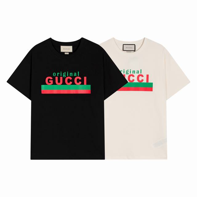 高端品质，独家定制，Gucci金典双G字母Logo圆领T恤，定制定染高克重原版面料，洗水完高达280G双纱纯棉面料，1-1工艺制作，螺纹增加到2.7不变形，宽松