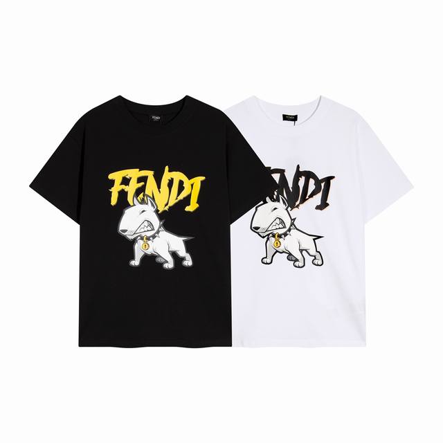 高端品质，独家定制，Fendi芬迪卡通狗限定字母Logo圆领短袖，采用定织定染高克重原版面料，洗水完高达280G纯棉面料，螺纹增加到2.7不变形。，1-1工艺制