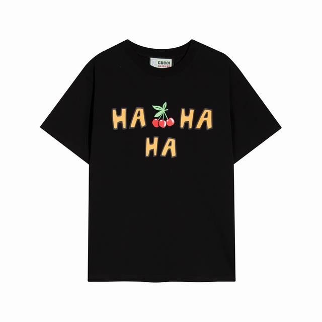 高端品质，独家定制，Gucci Ha Ha Ha系列樱桃字母Logo圆领短袖，采用定织定染高克重原版面料，洗水完高达280G纯棉面料，螺纹增加到2.7不变形。，