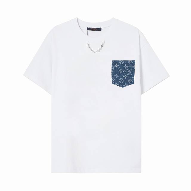 高端品质，独家定制，Lv牛仔贴布链条字母Logo圆领T恤，采用定制定染高克重原版面料，高达280G纯棉双纱面料，螺纹增加到2.7不变形，宽松Oversize版型