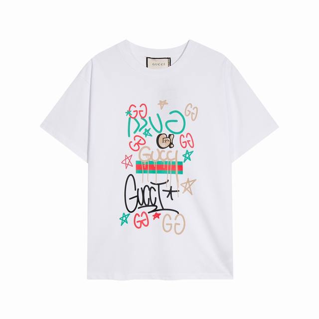 高端品质，独家定制，古奇Gucci 限定跳遥字母Logo圆领短袖，采用定织定染高克重原版面料，洗水完高达280G纯棉面料，螺纹增加到2.7不变形。，1-1工艺制