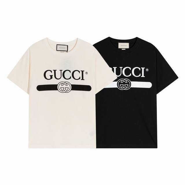 高端品质，独家定制，Gucci古奇胶条字母Logo圆领T恤，采用定制定染高克重原版面料，洗水完高达280G纯棉双纱面料，螺纹增加到2.7不变形宽松Oversiz