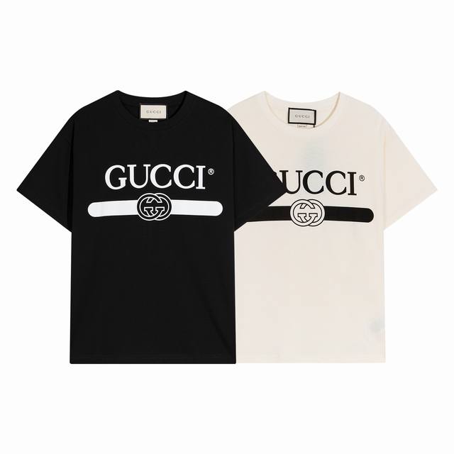 高端品质，独家定制，Gucci古奇胶条字母Logo圆领T恤，采用定制定染高克重原版面料，洗水完高达280G纯棉双纱面料，螺纹增加到2.7 不变形，宽松Overs