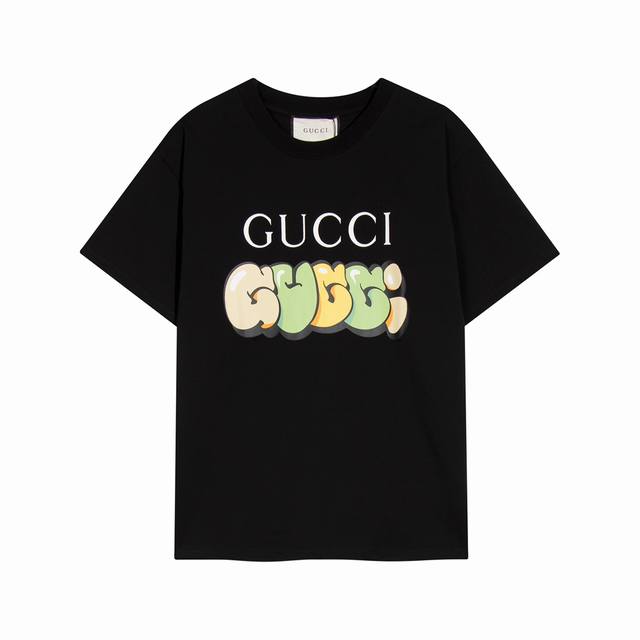 高端品质，独家定制，Gucci 古奇清新苹果字母Logo圆领短袖，采用定织定染高克重原版面料，洗水完高达280G纯棉面料，螺纹增加到2.7不变形。，1-1工艺制