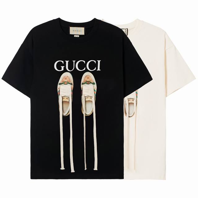 高端品质，独家定制，Gucci古奇长鞋带字母Logo圆领T恤，采用定制定染高克重原版面料，洗水完高达280G纯棉双纱面料，螺纹增加到2.7不变形，宽松Overs