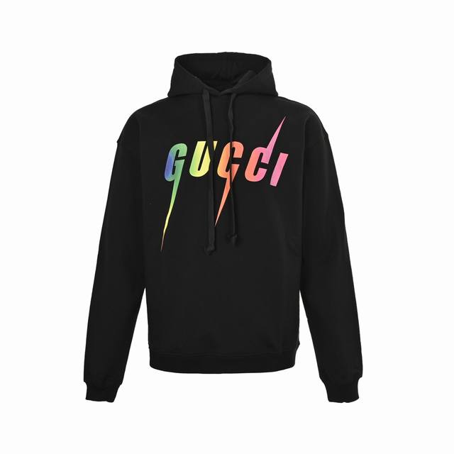Gucci 古驰 渐变闪电印花连帽卫衣 重磅毛毡针织棉，完全对版还原，420克毛圈底32支，成衣两遍水洗处理，面料舒适亲肤无异感，版型松软糯感十足，进口水浆+粉