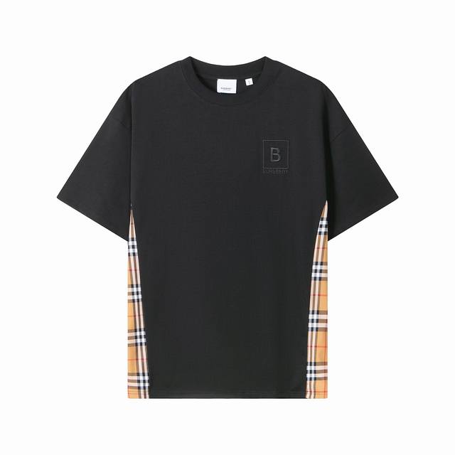 9213款，高端定制，独家最高品质版本Burber*家侧边格子拼接圆领短袖T恤，采用独家定制290G原版1:1双股双纱纯棉面料，定织定染同缸无色差罗纹，定制1: