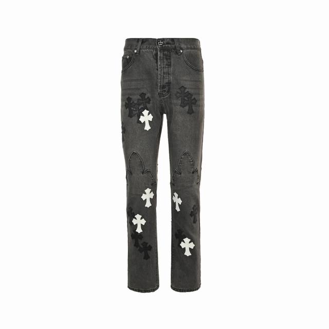 Chtome Heart 克罗心 25Ss 城市限定火焰黑白贴皮牛仔裤 均需要成品水洗后再拆开手工订绵羊皮十字皮再拼接完成 整件工艺多到说不清 柜价10W+级别