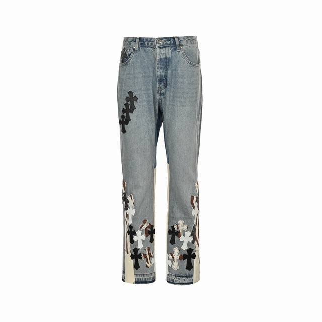 Chrome Hearts 克罗心 24Fw 喇叭破坏贴皮牛仔裤 洛杉矶限定！柜W级别，贴布十字花点缀，水洗牛仔裤！ 绝对高端的奢华产物，1.9W级别的神级单品