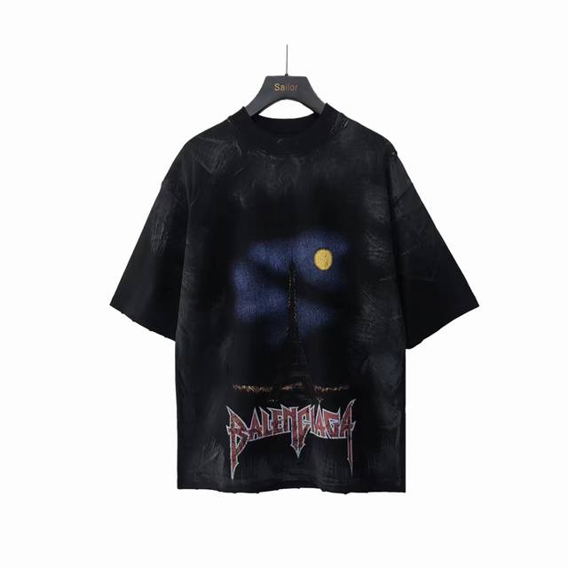 实拍细节图 +尺码表 巴黎世家Balenciaga 正立铁塔直喷短 23年新主麦上身 印花采用康丽直喷前后 菲林晒网就做了半个月 耗费5套菲林贵就贵在开发费用