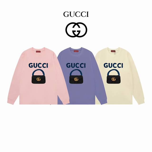 秋装 Gucci古驰 包包印花 双纱300克长袖 ：杏色粉色 紫色 ：Xs-L