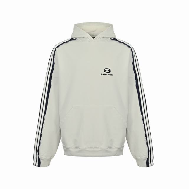 Balenciaga 巴黎世家 25Fw 拼接织带连帽卫衣 独家定织 G双纱毛圈面料 奶油灰色订染大身配套罗纹 订做五坑条拼接通肩工艺织带 双环字母百灵达进口绣