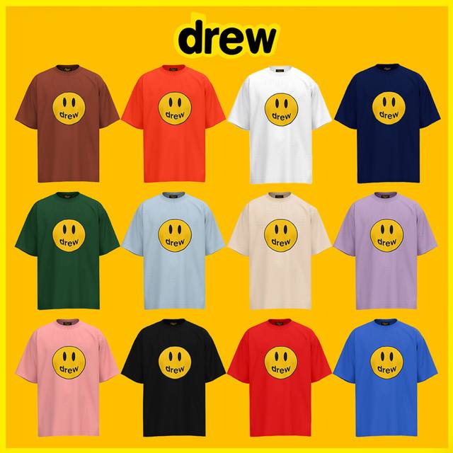 正确版 Drew House 经典款 笑脸短袖 “Drew”的Logo被设计成了类似表情符号的图案，笑脸“德鲁”简单过时。各种博主都在官网抢德鲁，可见比伯的影响