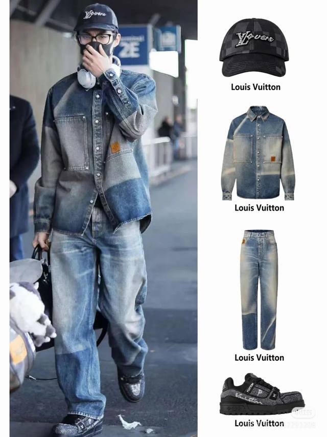 模特图！ 供 王鹤棣同款Louis Vuitton Lv路易威登2025新款影印日晒褪色效果丹宁渐变复古牛仔裤 斜纹棉牛仔面料 透气性佳 柔软亲肤 翻领廓形牛仔