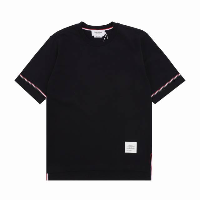 Thom Browne 汤姆布朗 三色条纹织带开叉圆领短袖 Size：1-4