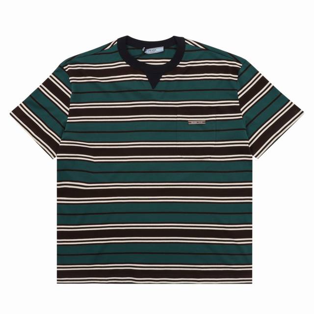 Prada 普拉达 字母贴布刺绣条纹撞色短袖T恤 尺码：S-Xl