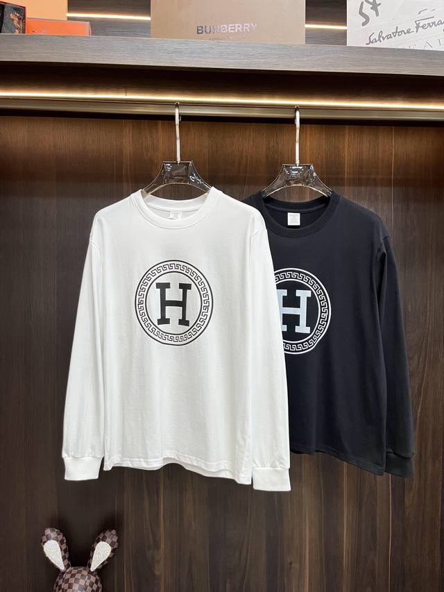 热销 Hermes 秋冬新款爱马仕圆领长袖打底，纯棉印花长袖，精细做工高版长袖打底尺码：S-2Xl