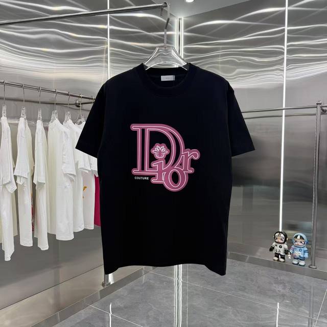Dior 迪奥 2025春秋新款 320克 圆领短袖 3D打印立体硅胶工艺 男女同款 S M L Xl Xxl 五个码 黑色 白色