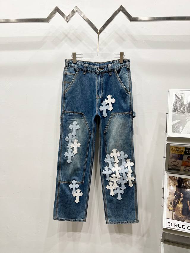 高版本区别市面通货 款号: V002 Chrome Hearts & 克罗心 25Fw Ch工装伐木白蓝拼皮限量牛王牛仔裤 克罗心里面颜色最能打的裤子啦啦啦 采