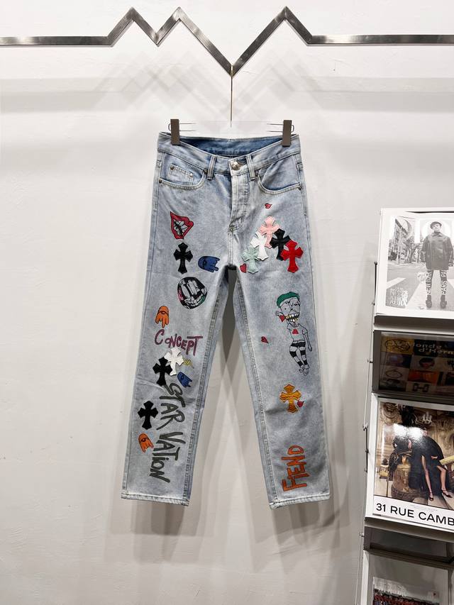 款号: R022 Chrome Hearts & 25Tx Ch 克罗心联名小丑限定涂鸦鳄鱼皮牛仔裤 意产特种牛皮印花再切割 订制羊皮三层粗线帖皮 整体拼接在重
