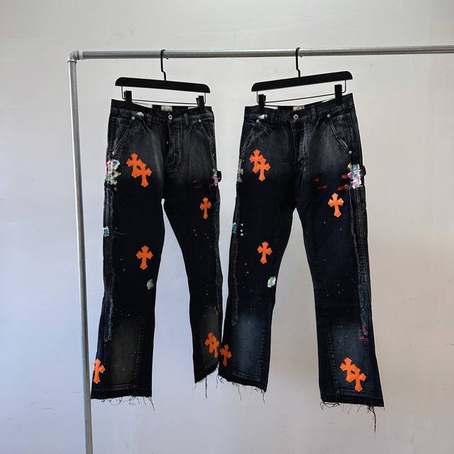 款号3020 Gallery Dept黑色橙标拼接贴布泼墨牛仔喇叭裤洗水做旧工装裤拼接青年牛仔裤男女 Gallery Dept.品牌台柱子到底有什么魔力作为 G